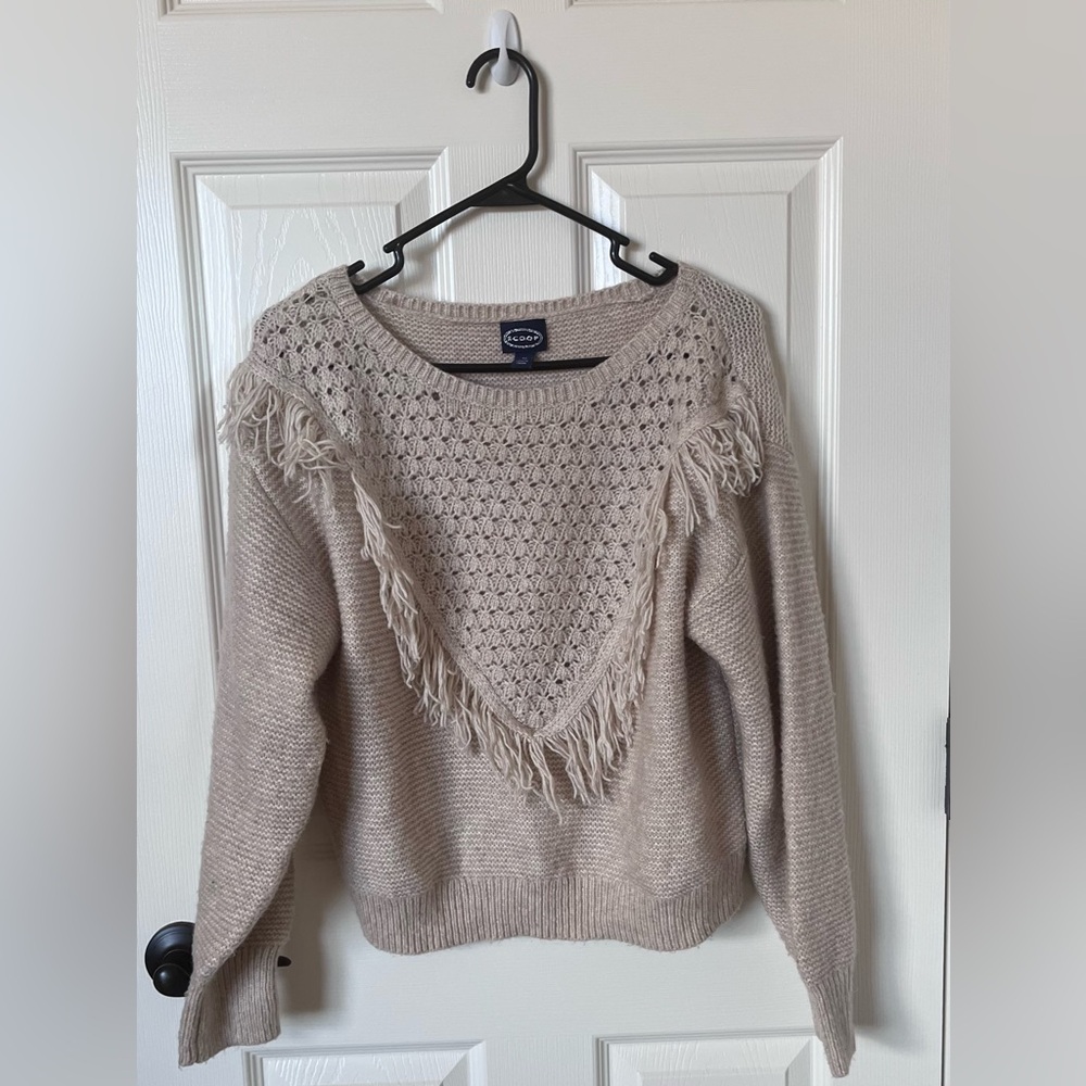 a new day Beige Crochet Fringe Crewneck Sweater